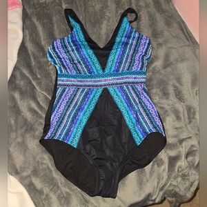 MIRACLE BRANDS Womens Blue and Black One Piece Swimsuit Size L